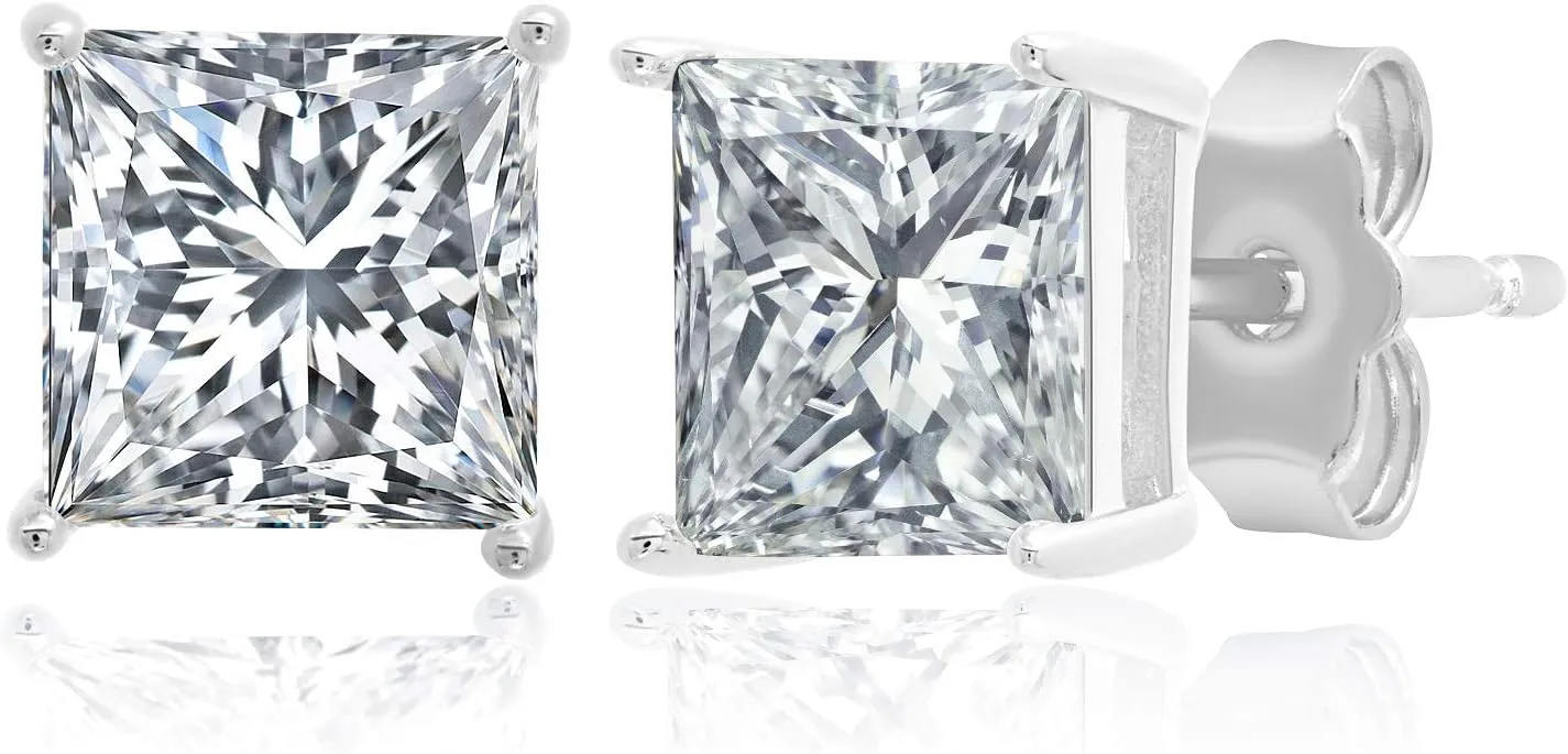 MAX   STONE Plated Sterling Silver Cubic Zirconia Stud Earrings (Round & Princess)