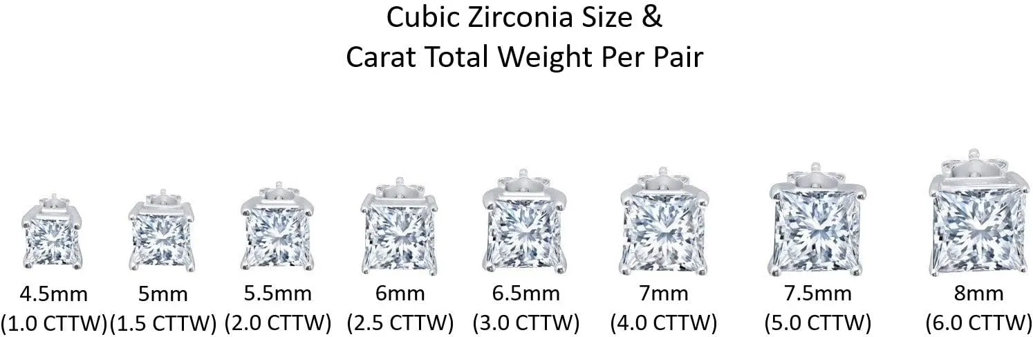 MAX   STONE Plated Sterling Silver Cubic Zirconia Stud Earrings (Round & Princess)