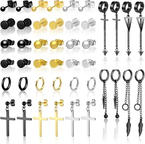 Mckanti 22 Pairs Earrings - Black Stainless Steel Hoop, Cross, Dangle Earrings - Hypoallergenic Men's & Women's Christmas Gifts