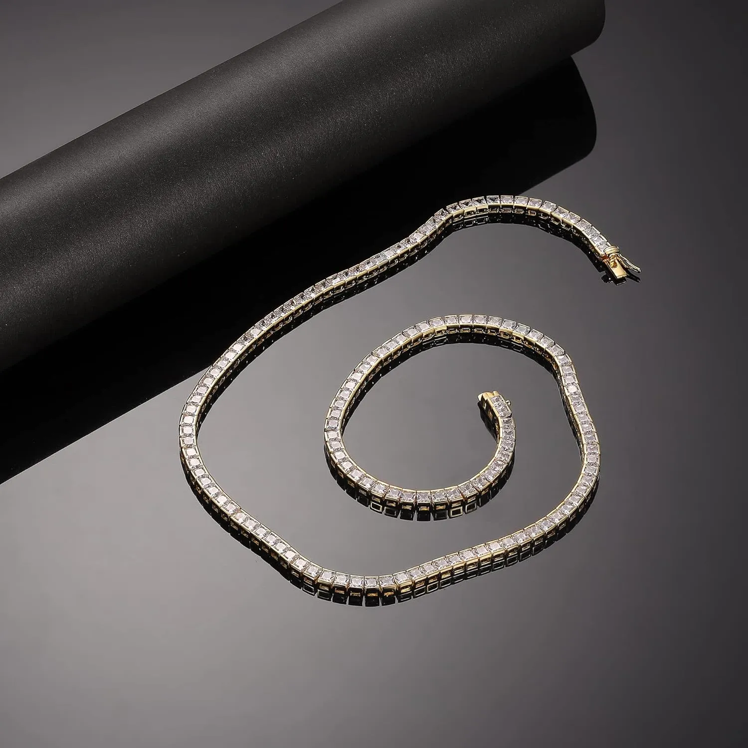 MDFUN Tennis Necklace 18K White Gold/Yellow Gold Plated | 3.0mm Square Cubic Zirconia Cut Bezel Setting Faux Diamond Tennis Chain Choker for Women and Men 16-24 inches