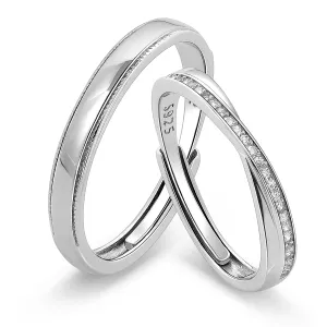 Meissa 2pcs Couple Rings Sterling Silver for Men and Women Wedding Simple Couple Bands Size Adjustable Cubic Zirconia Matching Promise Rings (Set of Two Rings)