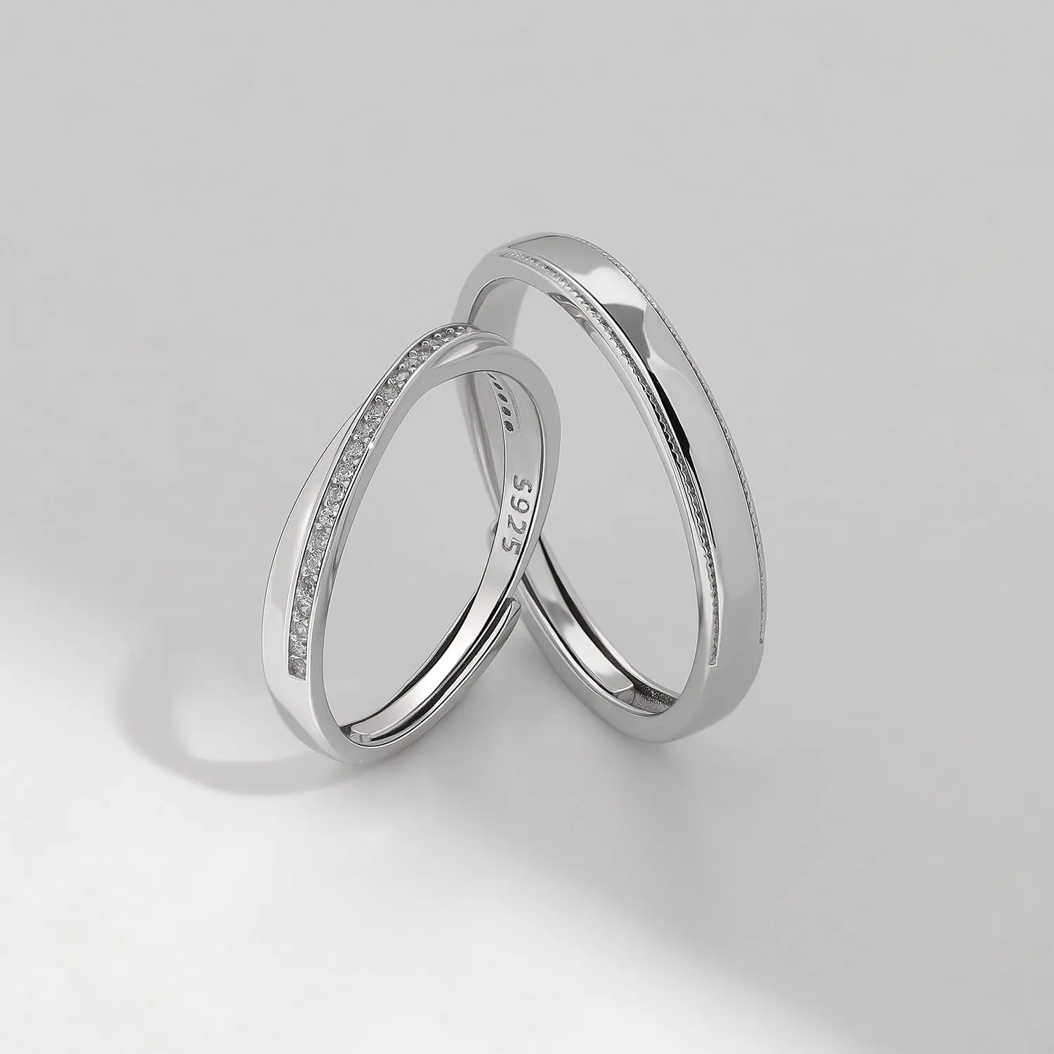 Meissa 2pcs Couple Rings Sterling Silver for Men and Women Wedding Simple Couple Bands Size Adjustable Cubic Zirconia Matching Promise Rings (Set of Two Rings)