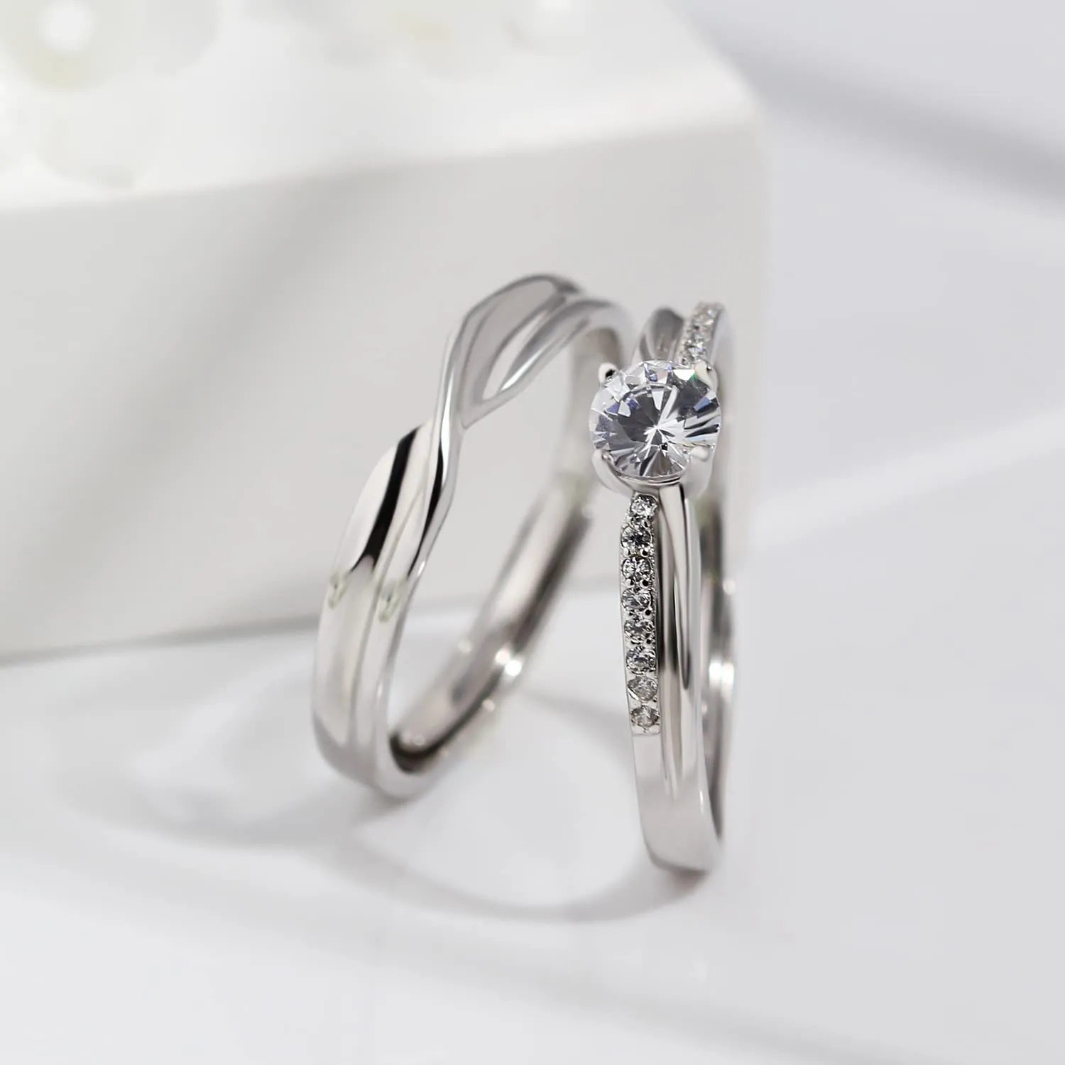 Meissa Silver Couple Rings Dainty Diamond Adjustable Ring Simple Men's and Women's Twist Couple Band Matching Promise Ring (2.9mm With Stones)