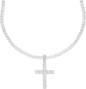 Men's 4mm Real Solid 925 Sterling Silver AAA CZ Tennis Chain Tennis Necklace & Bling Cubic Zirconia Cross Pendant ANTI-TARNISH