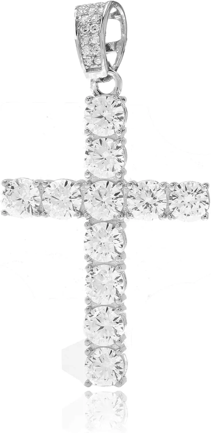 Men's 4mm Real Solid 925 Sterling Silver AAA CZ Tennis Chain Tennis Necklace & Bling Cubic Zirconia Cross Pendant ANTI-TARNISH