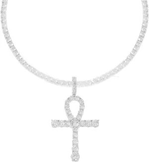 Men's 4mm Real Solid 925 Sterling Silver Tennis Chain Iced Out Tennis Necklace & Bling Cubic Zirconia Egyptian ANKH Cross Pendant Chain 16-30 inches