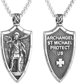 Men'S And Women'S Religious Catholic Patron Emblem Saint Archangel Michael Shield Pendant Necklace, 316L Stainless Steel, Silver Stainless Steel Square Pearl Chain, Vintage Jewelry