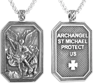 Men'S Religious Catholic Patron Saint Archangel Michael Dog Tag Pendant Necklace, 316L Stainless Steel, Silver Stainless Steel Square Pearl Chain, Vintage Jewelry