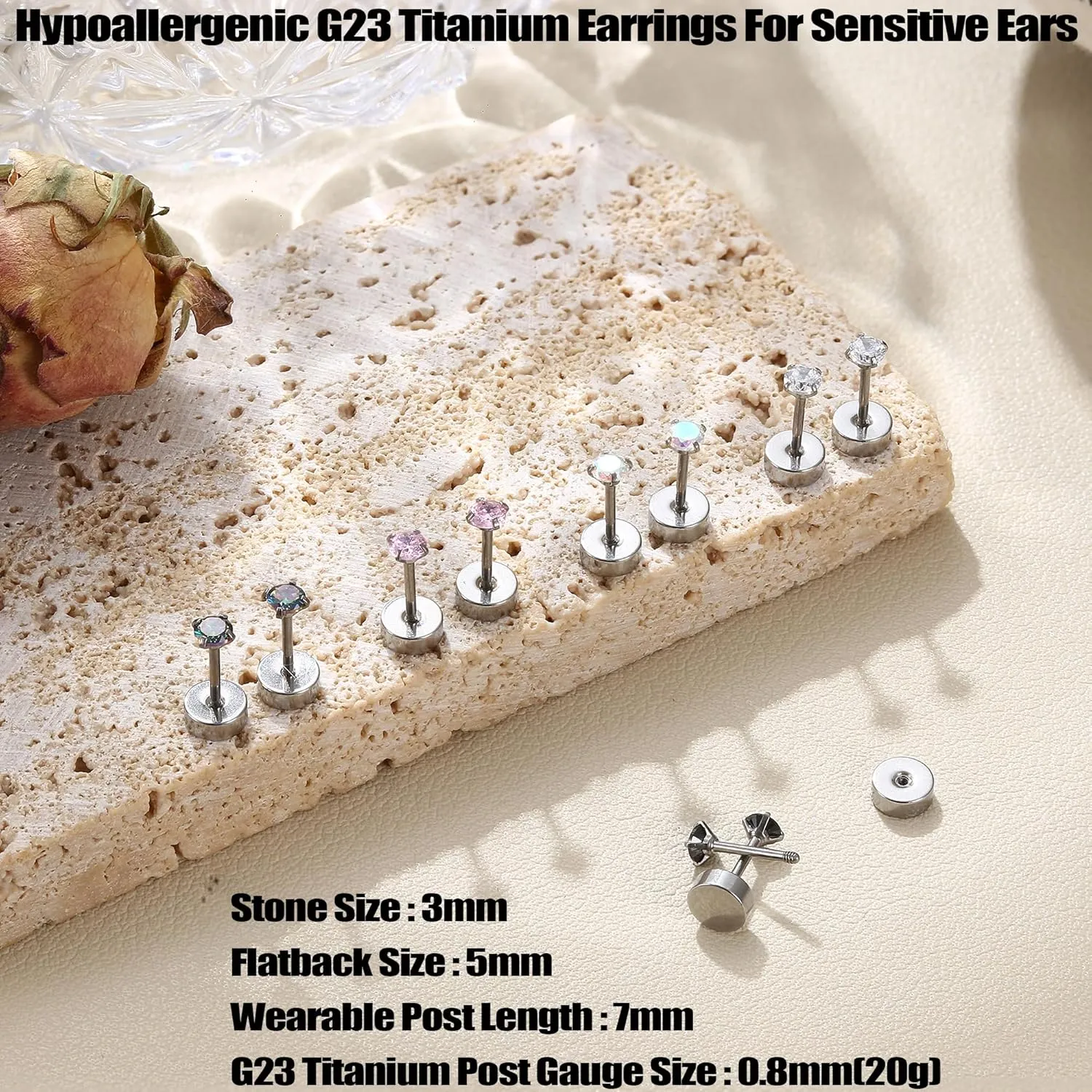 MILACOLATO 5 Pairs Titanium Earrings for Women Men G23 Pure Titanium Earrings for Sensitive Ears Cubic Zirconia Surgical Stainless Steel Flat Back Stud Earrings Hypoallergenic Piercing Sleeper Cartilage Screwback Studs