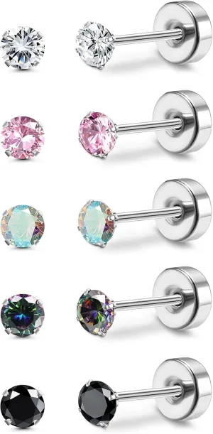 MILACOLATO 5 Pairs Titanium Earrings for Women Men G23 Pure Titanium Earrings for Sensitive Ears Cubic Zirconia Surgical Stainless Steel Flat Back Stud Earrings Hypoallergenic Piercing Sleeper Cartilage Screwback Studs