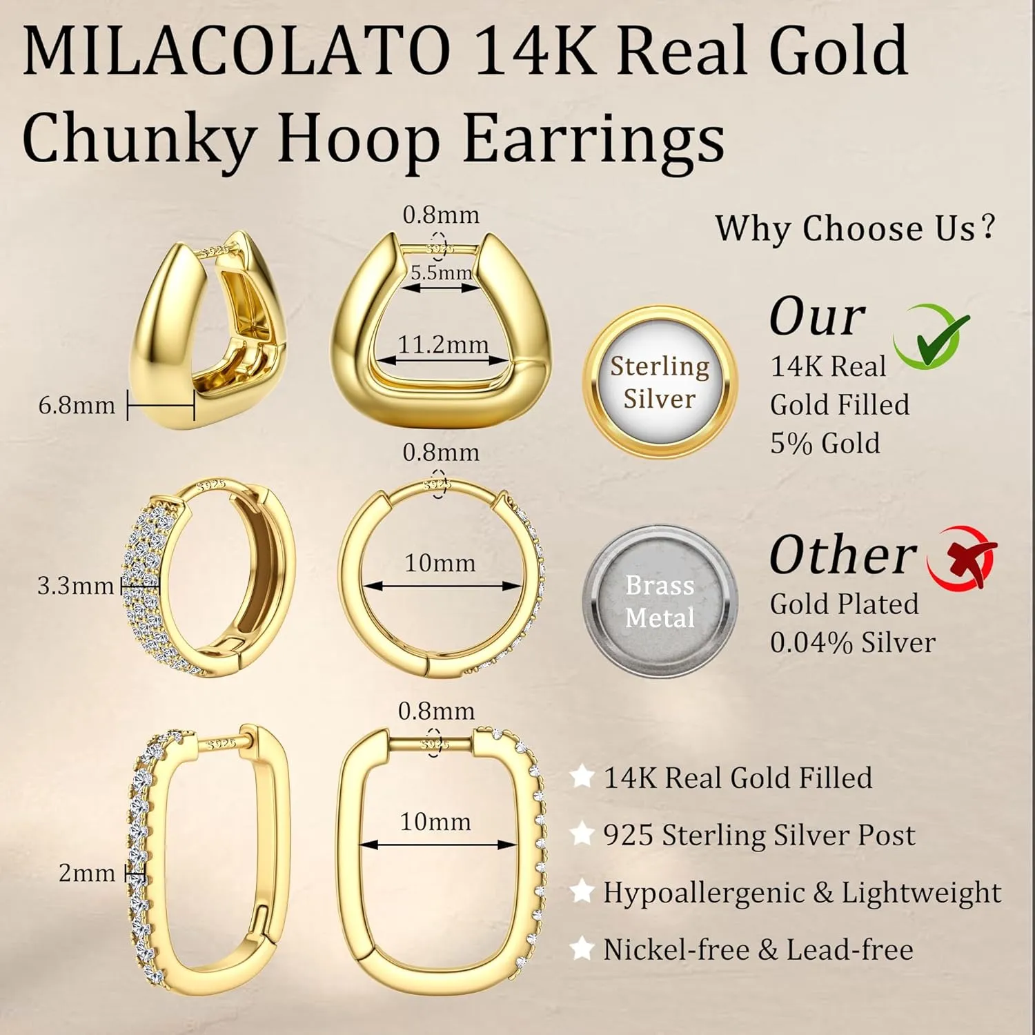 MILACOLATO Gold Hoop Earrings Set for Women 14K Gold Filled Sterling Silver Posts Small Chunky Hoop Earrings Hypoallergenic Trendy Gold Huggie Earrings Stacks 3Pairs