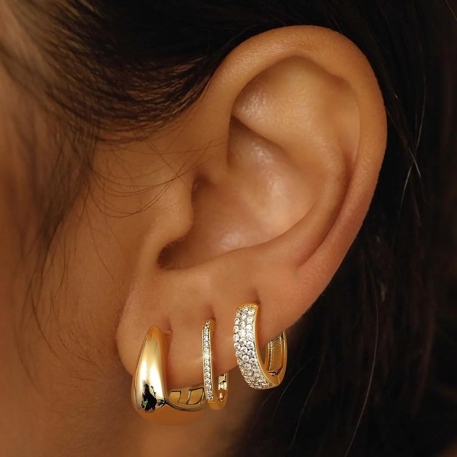 MILACOLATO Gold Hoop Earrings Set for Women 14K Gold Filled Sterling Silver Posts Small Chunky Hoop Earrings Hypoallergenic Trendy Gold Huggie Earrings Stacks 3Pairs
