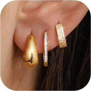 MILACOLATO Gold Hoop Earrings Set for Women 14K Gold Filled Sterling Silver Posts Small Chunky Hoop Earrings Hypoallergenic Trendy Gold Huggie Earrings Stacks 3Pairs