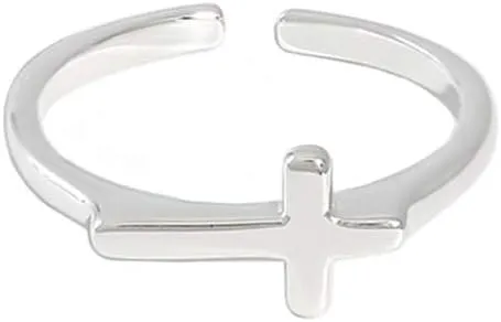 Minimalist Faith S925 Sterling Silver Inspirational Simple Cross Open Ring for Women Teen Dainty Adjustable Statement Finger Christian Sideways Finger Rings Jewelry Gifts Birthday Bff Daughter