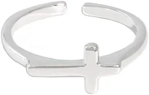 Minimalist Faith S925 Sterling Silver Inspirational Simple Cross Open Ring for Women Teen Dainty Adjustable Statement Finger Christian Sideways Finger Rings Jewelry Gifts Birthday Bff Daughter