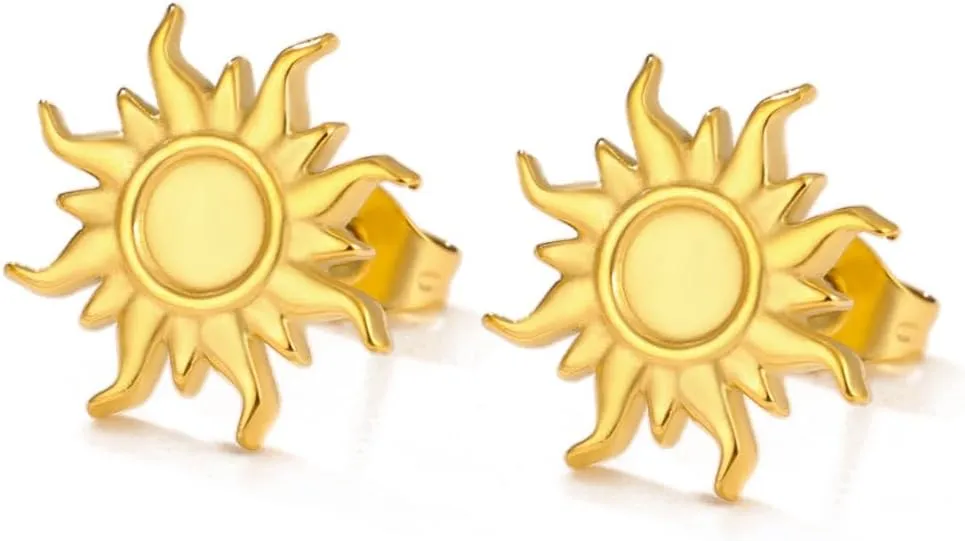 Minimalist Sun Stud Small Cartilage Earrings for Women Men Stainless Steel Boho Statement Goldtoned Sunburst Tiny Tragus Helix Studs Bohemian Sunshine Ear Piercing Trendy Jewelry