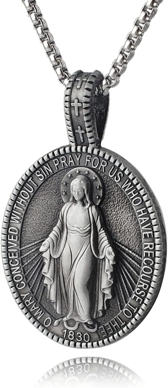 Miraculous Medal - Virgin Mary Necklace, Alloy Pendant Necklace, Fashion Religious Jewelry, Confirmation Gifts for Teenage Boys