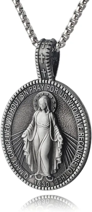Miraculous Medal - Virgin Mary Necklace, Alloy Pendant Necklace, Fashion Religious Jewelry, Confirmation Gifts for Teenage Boys