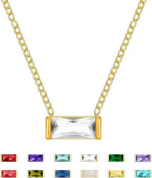 MISS RIGHT Dainty Emerald Cut Diamond Birthstone Necklace 18K Gold Plated for Women Trendy, Cute Baguette Cubic Zirconia Crystal Pendant Necklaces Birthday Gifts