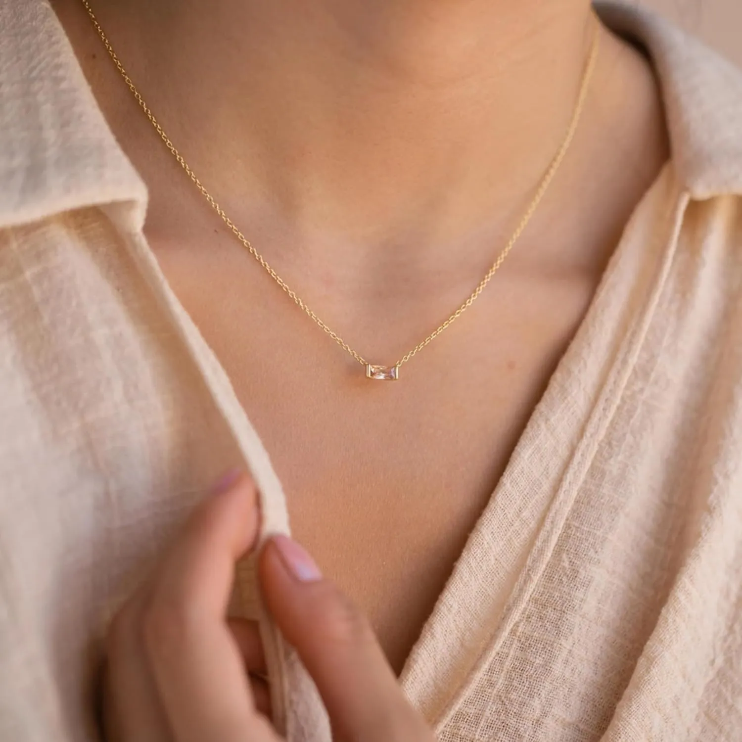 MISS RIGHT Dainty Emerald Cut Diamond Birthstone Necklace 18K Gold Plated for Women Trendy, Cute Baguette Cubic Zirconia Crystal Pendant Necklaces Birthday Gifts