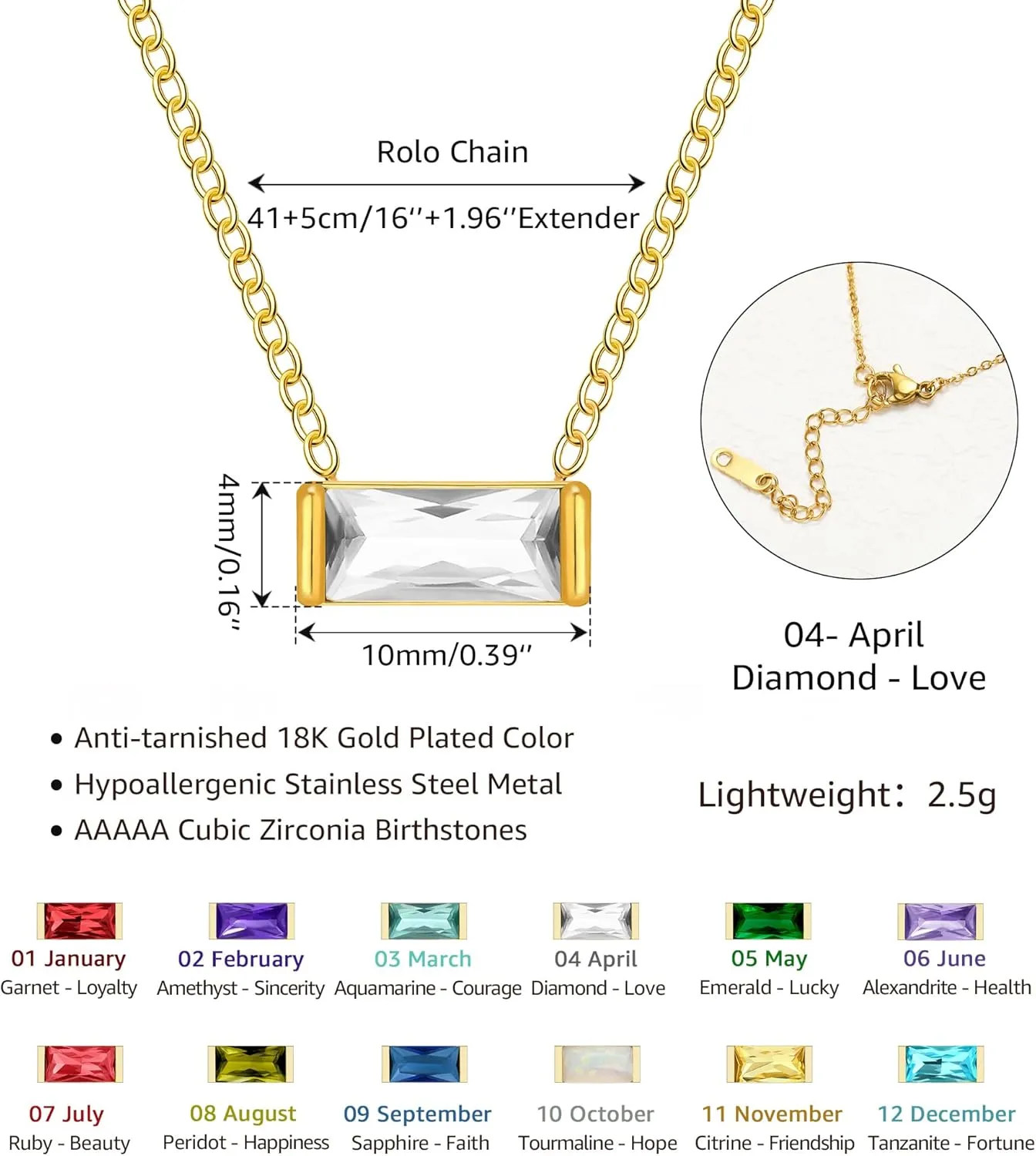 MISS RIGHT Dainty Emerald Cut Diamond Birthstone Necklace 18K Gold Plated for Women Trendy, Cute Baguette Cubic Zirconia Crystal Pendant Necklaces Birthday Gifts