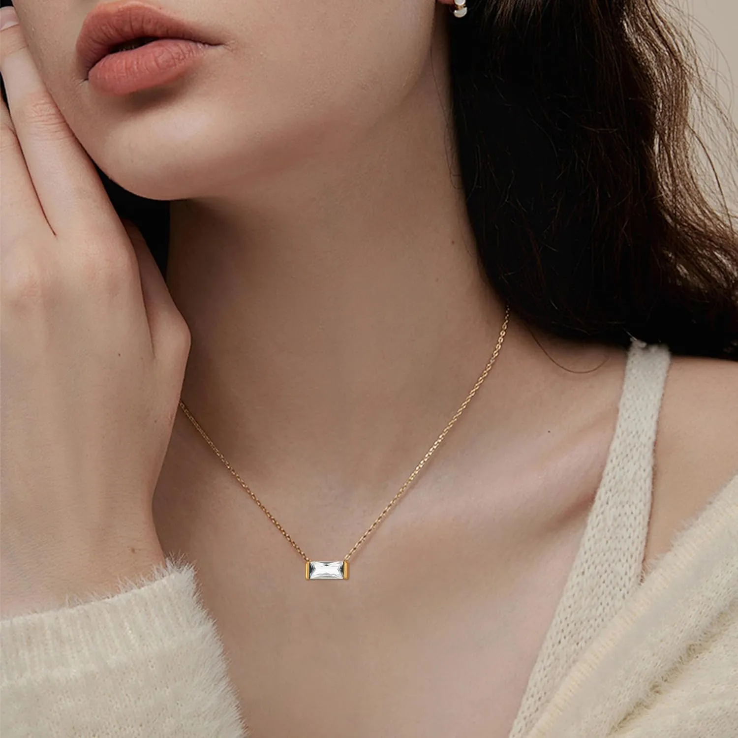 MISS RIGHT Dainty Emerald Cut Diamond Birthstone Necklace 18K Gold Plated for Women Trendy, Cute Baguette Cubic Zirconia Crystal Pendant Necklaces Birthday Gifts
