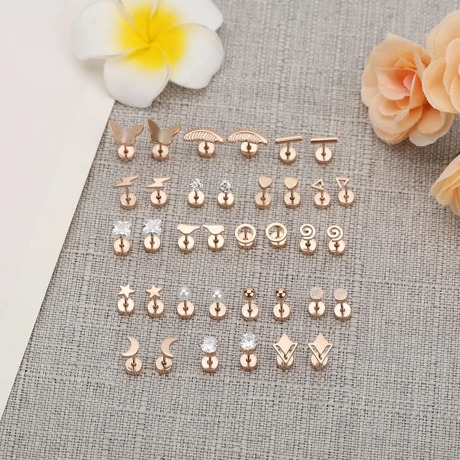 MJust 18 Pairs Womens Hypoallergenic Flat Back Stud Earrings, 20g Stainless Steel Earrings Sets for Men, Tiny Unisex Screw Back Cartilage Earrings.