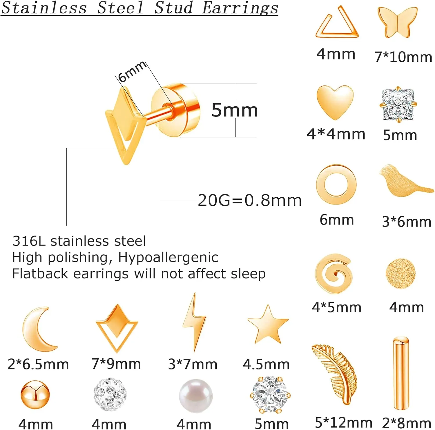MJust 18 Pairs Womens Hypoallergenic Flat Back Stud Earrings, 20g Stainless Steel Earrings Sets for Men, Tiny Unisex Screw Back Cartilage Earrings.