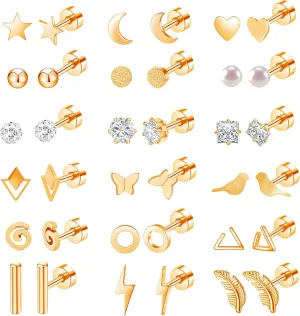MJust 18 Pairs Womens Hypoallergenic Flat Back Stud Earrings, 20g Stainless Steel Earrings Sets for Men, Tiny Unisex Screw Back Cartilage Earrings.