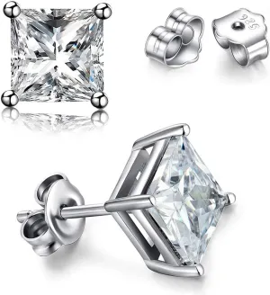 MMTTAO 925 Sterling Silver Pricess Cut Cubic Zirconia Stud Earrings for Women Men 4 Prong Sparkling Brilliance Diamond CZ Studs Ear Piercing Earrings Hypoallergenic Jewelry for Her 4MM-8MM Available