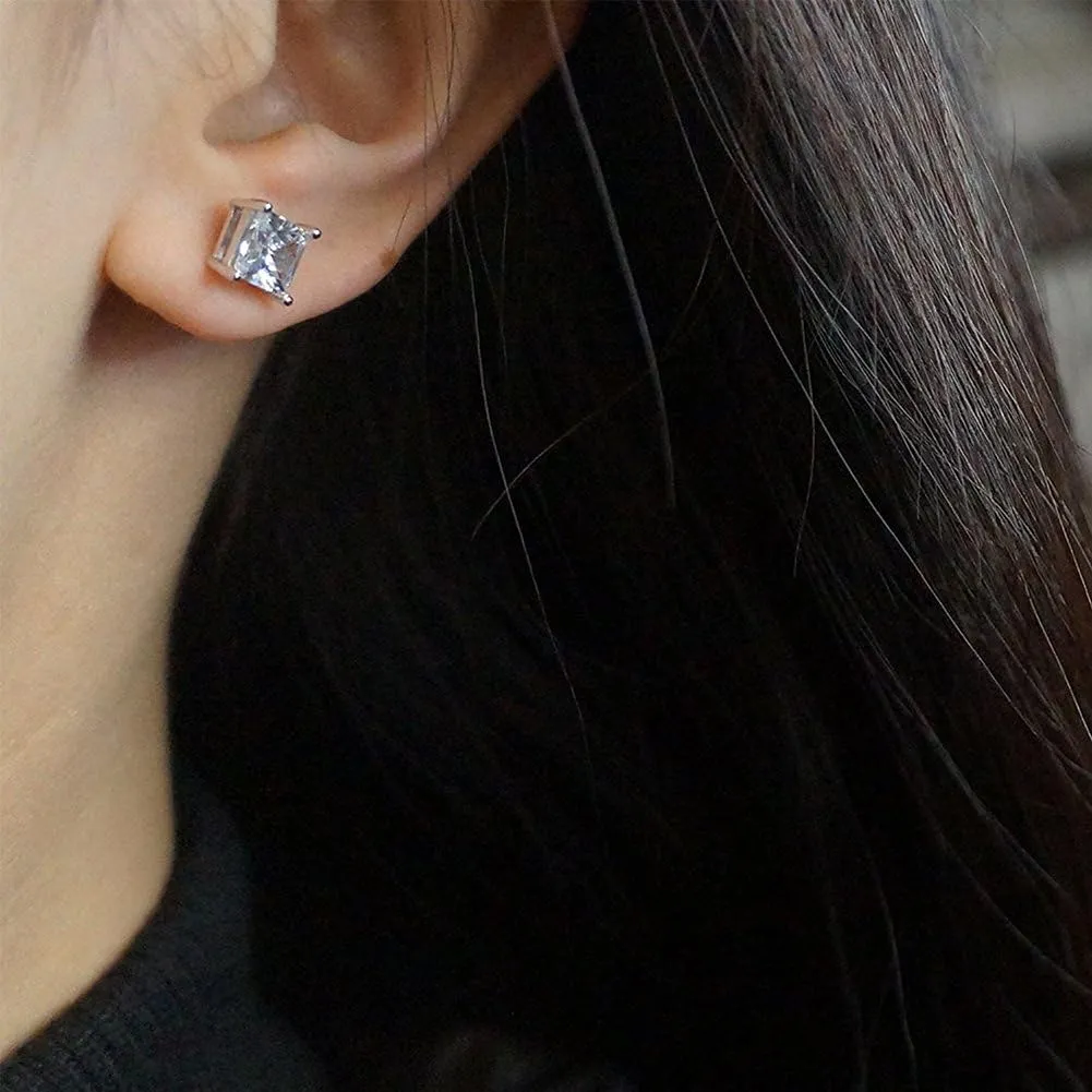 MMTTAO 925 Sterling Silver Pricess Cut Cubic Zirconia Stud Earrings for Women Men 4 Prong Sparkling Brilliance Diamond CZ Studs Ear Piercing Earrings Hypoallergenic Jewelry for Her 4MM-8MM Available