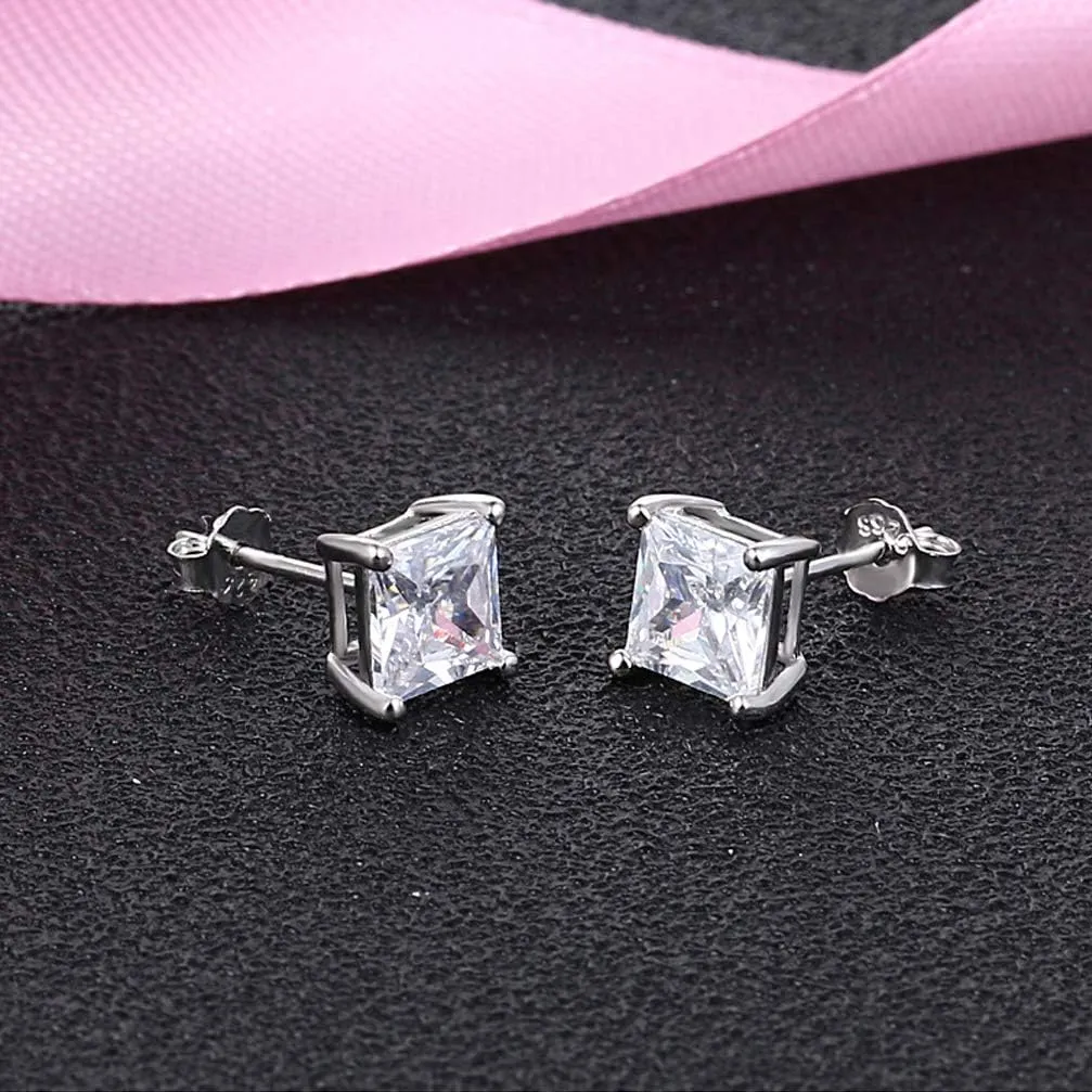MMTTAO 925 Sterling Silver Pricess Cut Cubic Zirconia Stud Earrings for Women Men 4 Prong Sparkling Brilliance Diamond CZ Studs Ear Piercing Earrings Hypoallergenic Jewelry for Her 4MM-8MM Available