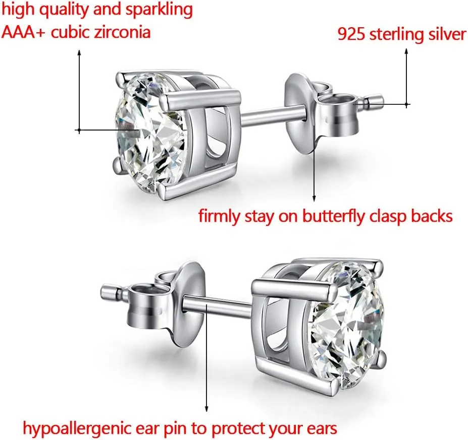 MMTTAO 925 Sterling Silver Pricess Cut Cubic Zirconia Stud Earrings for Women Men 4 Prong Sparkling Brilliance Diamond CZ Studs Ear Piercing Earrings Hypoallergenic Jewelry for Her 4MM-8MM Available
