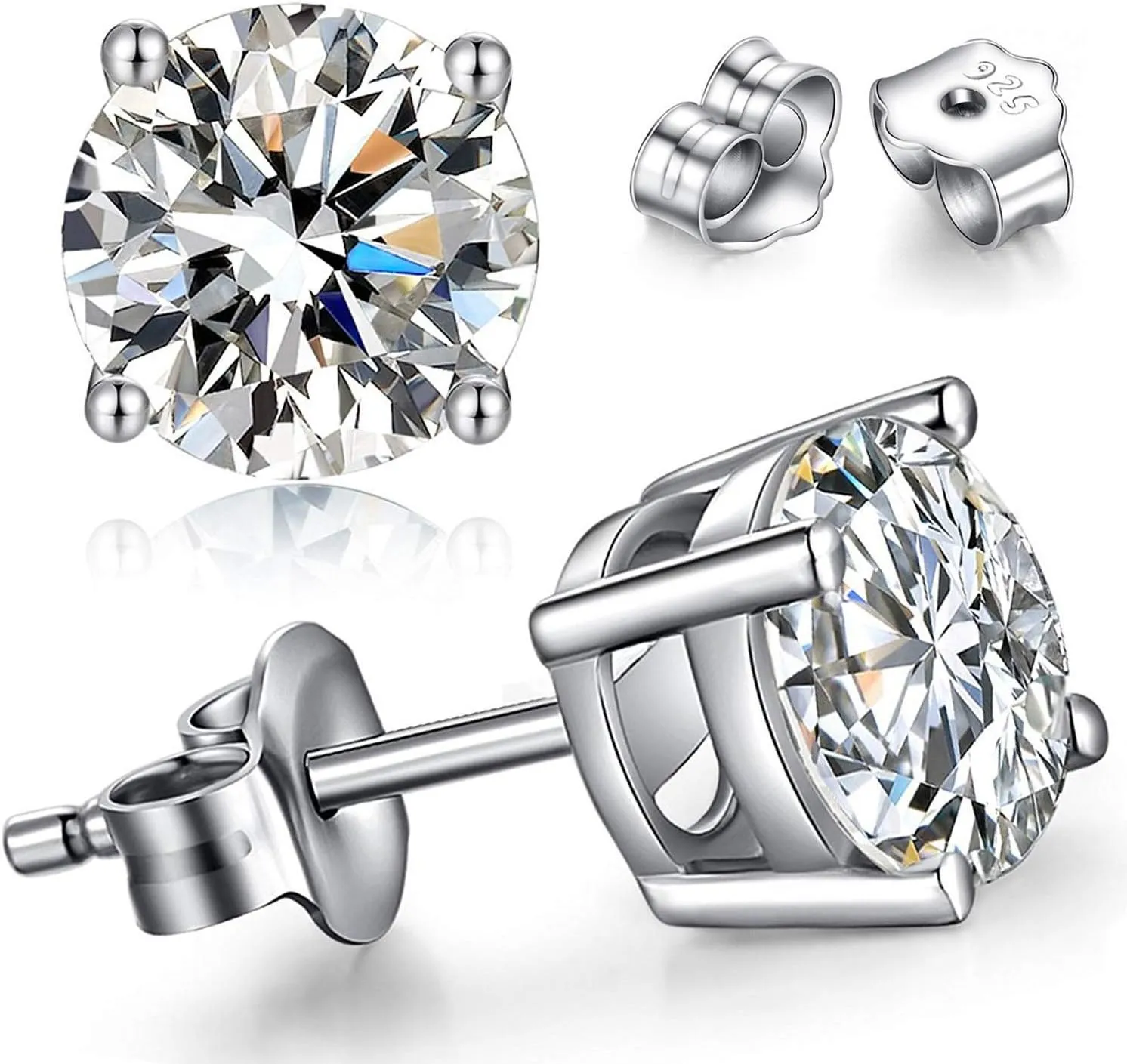 MMTTAO 925 Sterling Silver Pricess Cut Cubic Zirconia Stud Earrings for Women Men 4 Prong Sparkling Brilliance Diamond CZ Studs Ear Piercing Earrings Hypoallergenic Jewelry for Her 4MM-8MM Available