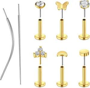 MODRSA Silver & Gold Threadless Nose Studs 20g & 18g Flat Back, Cartilage & Conch Earring Studs for Women 6mm & 8mm