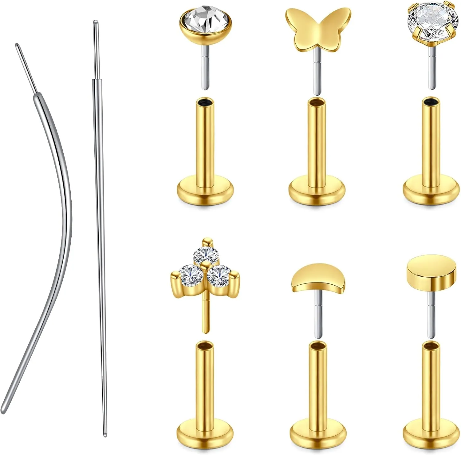 MODRSA Silver & Gold Threadless Nose Studs 20g & 18g Flat Back, Cartilage & Conch Earring Studs for Women 6mm & 8mm