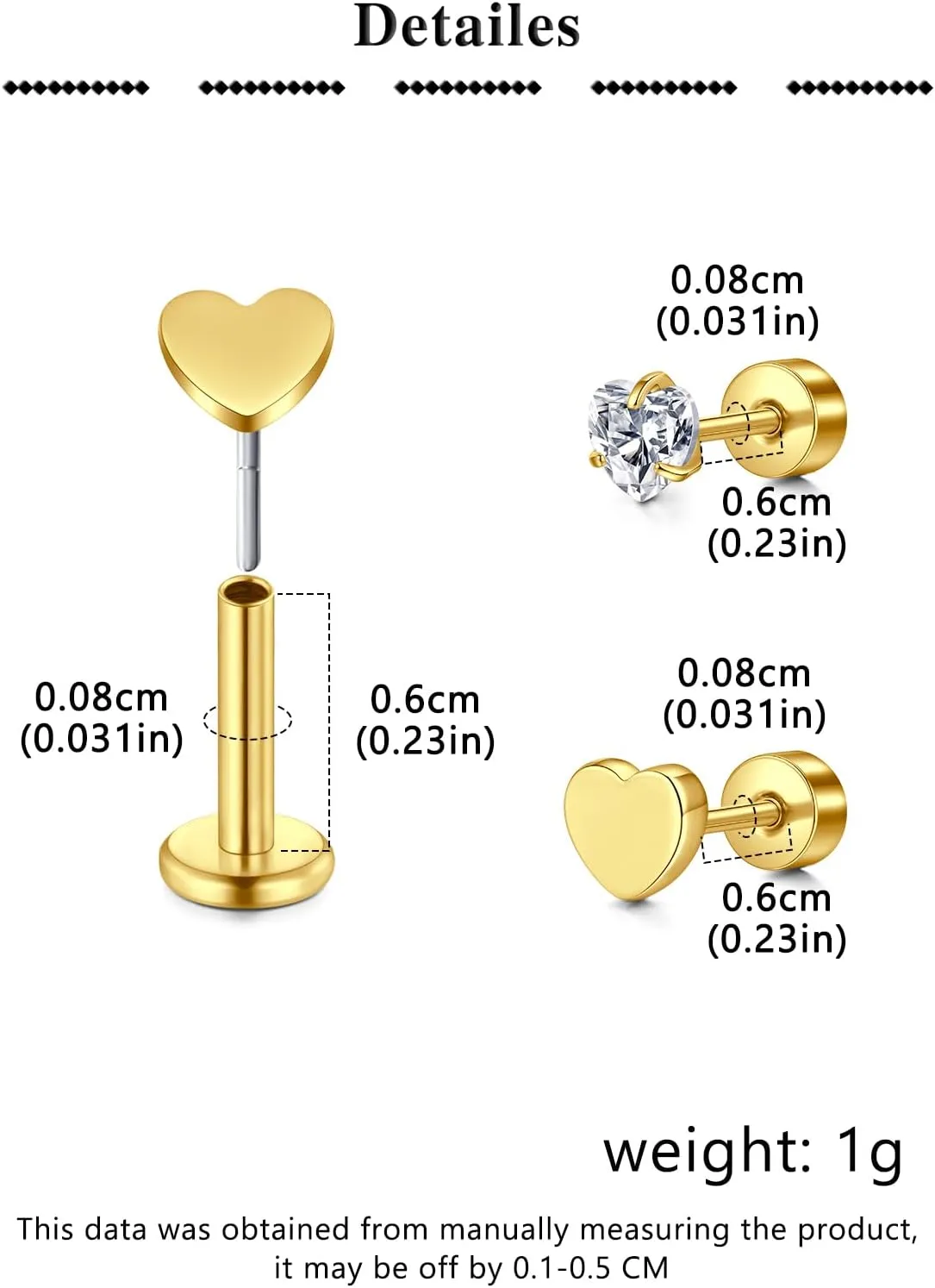 MODRSA Silver Gold Cartilage Earring for Women Hypoallergenic Flat Back Earrings Threadless Helix Earring Tragus Studs 6mm Cartilage Jewelry Flatback Surgical Steel Butterfly Heart Earrings for Women