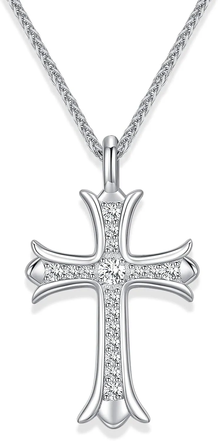 Moissanite Cross Necklace for Men and Women, Diamond Cross Necklace, Gold Plated/S925 Sterling Silver Cross Pendant Necklace for Women, Father's Day (Silver)