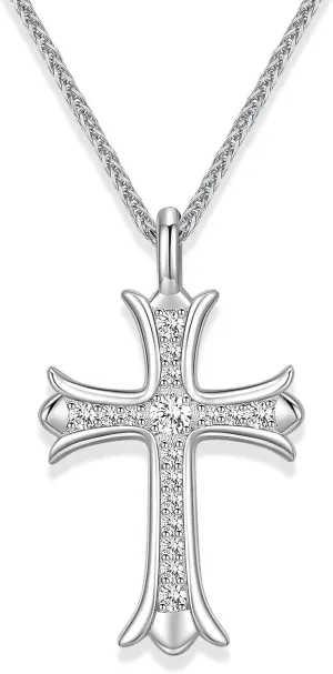 Moissanite Cross Necklace for Men and Women, Diamond Cross Necklace, Gold Plated/S925 Sterling Silver Cross Pendant Necklace for Women, Father's Day (Silver)