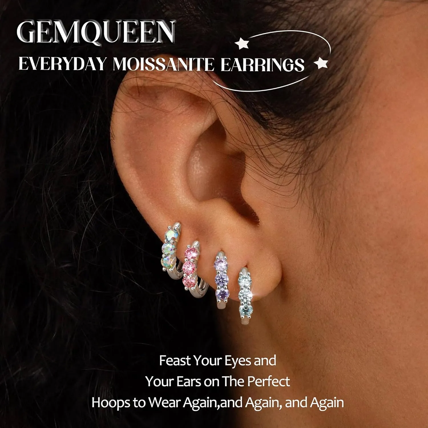 Moissanite Earrings Hoops : 18K White Gold Plated 925 Sterling Silver Earrings Hypoallergenic Small Gold Huggie Hoop Earrings for Women Men Round Cut Multicolor VVS1