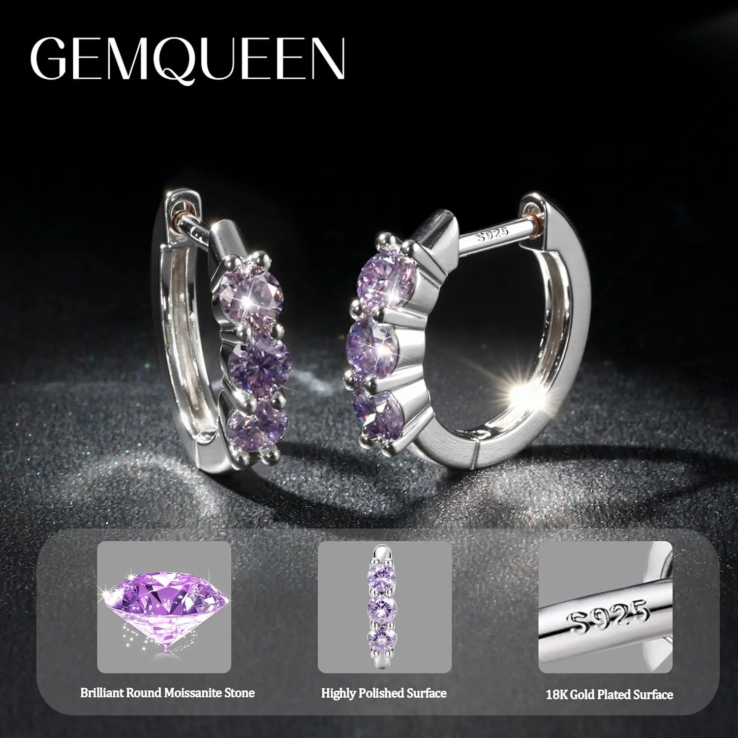 Moissanite Earrings Hoops : 18K White Gold Plated 925 Sterling Silver Earrings Hypoallergenic Small Gold Huggie Hoop Earrings for Women Men Round Cut Multicolor VVS1