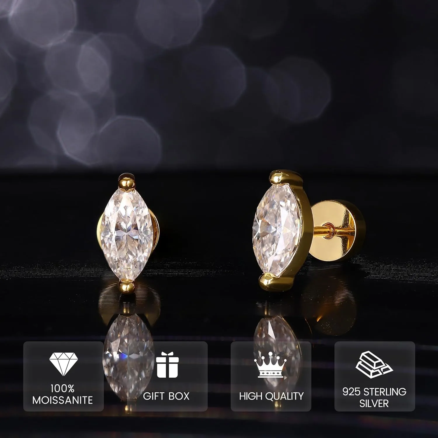 Moissanite Earrings Studs Flat Back Earrings Hypoallergenic - 14K Gold Plated Sterling Silver Earring for Women Men Small Dainty Cartilage Helix Piercing Jewelry D Color VVS1