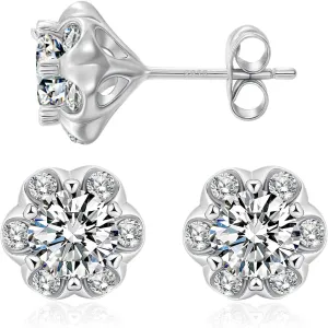 Moissanite Flower Stud Earrings for Women & Men 0.6CT-2CT D Color VVS1 18k White Gold Plated 925 Sterling Silver Hypoallergenic Earrings Lab-Grown Diamond Gift Jewelry with GRA Certification