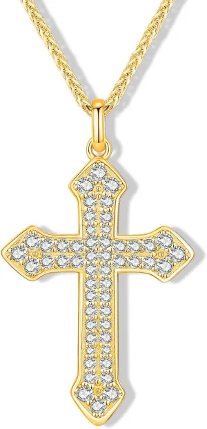 Moissanite Gold Cross Necklace for Men and Women, Big Diamond Cross Necklace, Gold Plated/S925 Sterling Silver Cross Pendant Necklace for Women, Father's Day (Gold)