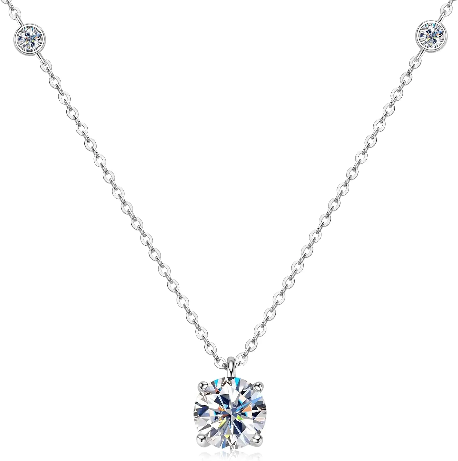 Moissanite Necklace for Women, 2 CT Round D Color VVS1 Clarity Moissanite Station Pendant 925 Sterling Silver Necklaces Christmas Anniversary Birthday Mothers Day Jewelry Gifts for Her