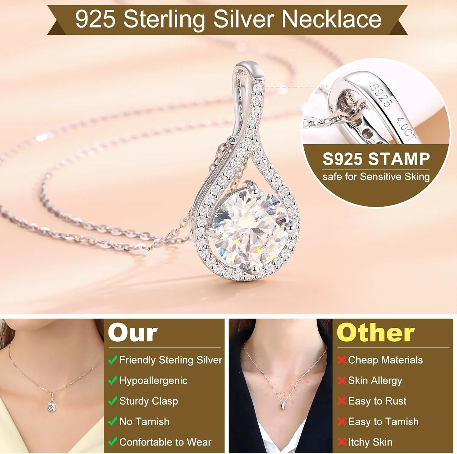 Moissanite Necklace Gift for Women, 925 Sterling Silver 18K White/Yellow Gold Plated 0.5-6.0CT Moissanite Pendant for Her, Anniversary Day, Birthday, Wedding - to My Wife, Mom