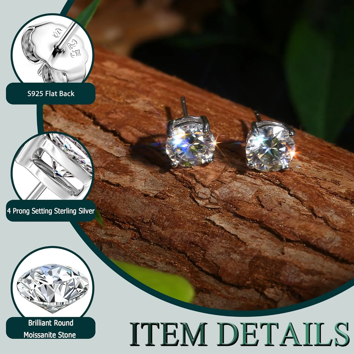 Moissanite Stud Earrings : 18K White Gold Plated Solid 925 Sterling Silver Earring Hypoallergenic Dainty Flat Back Stud Earrings Jewelry for Women Men D Color VVS1 Clarity