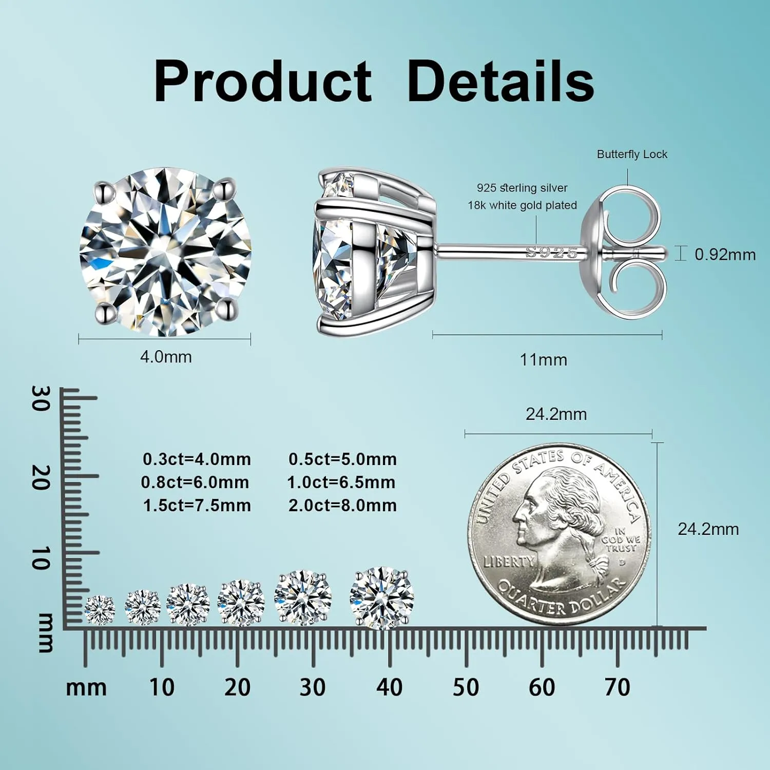 Moissanite Stud Earrings, Round Cut D Color VVS1 Clarity Lab Created Moissanite Earrings Studs 18K White Gold Plated 925 Sterling Silver Jewelry for Women Men