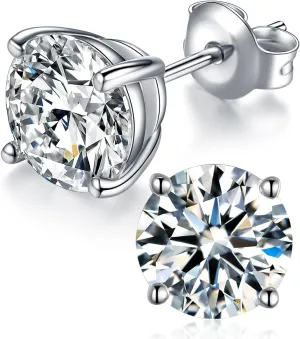Moissanite Stud Earrings, Round Cut D Color VVS1 Clarity Lab Created Moissanite Earrings Studs 18K White Gold Plated 925 Sterling Silver Jewelry for Women Men