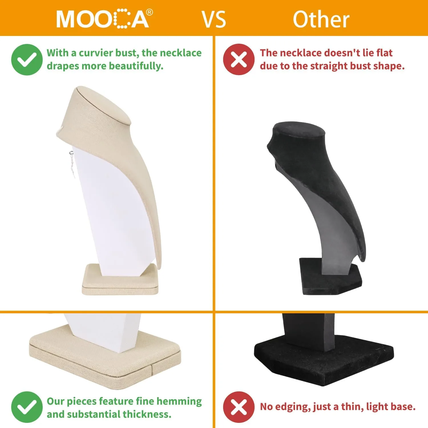 MOOCA Necklace Chain Jewelry Bust Display Holder Stand, Display Necklace Mannequin, Necklace Bust Jewelry Bust Stand, Pendant Chain Organizer for Women 8" W x 4 1/4" D x 11 1/4" H, Tan Linen